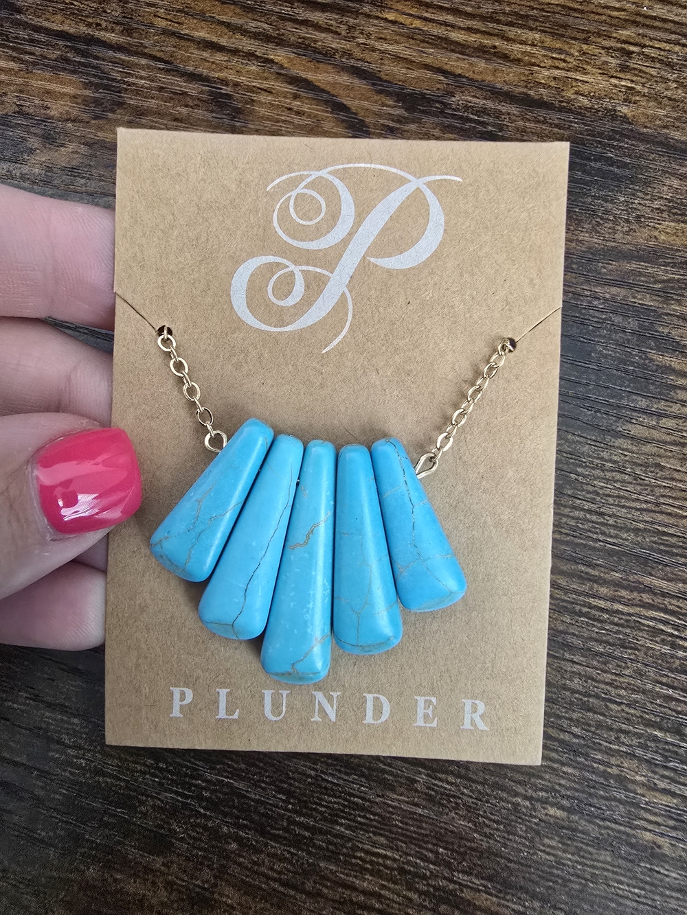 Plunder Turquoise Blue Fan Pendant Necklace with Gold Chain